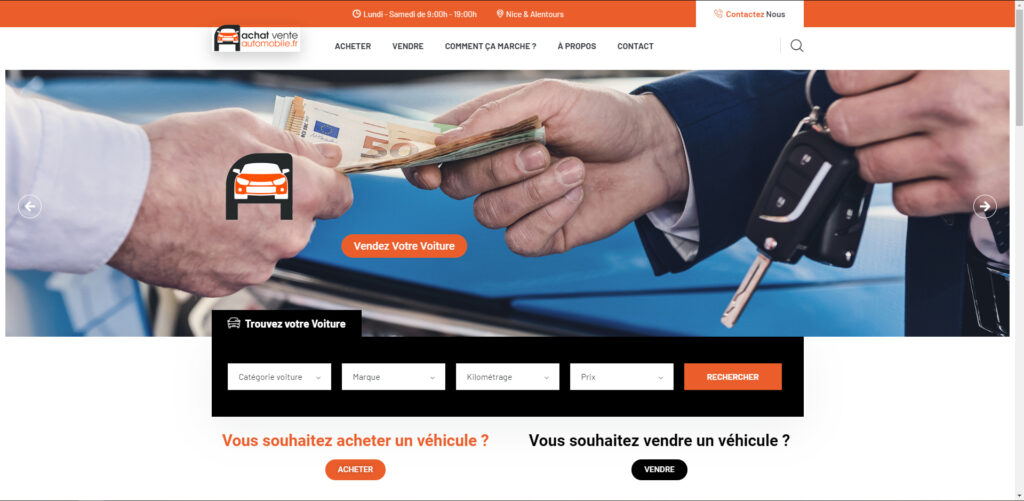 Capture d'écran du site de vente de voitures