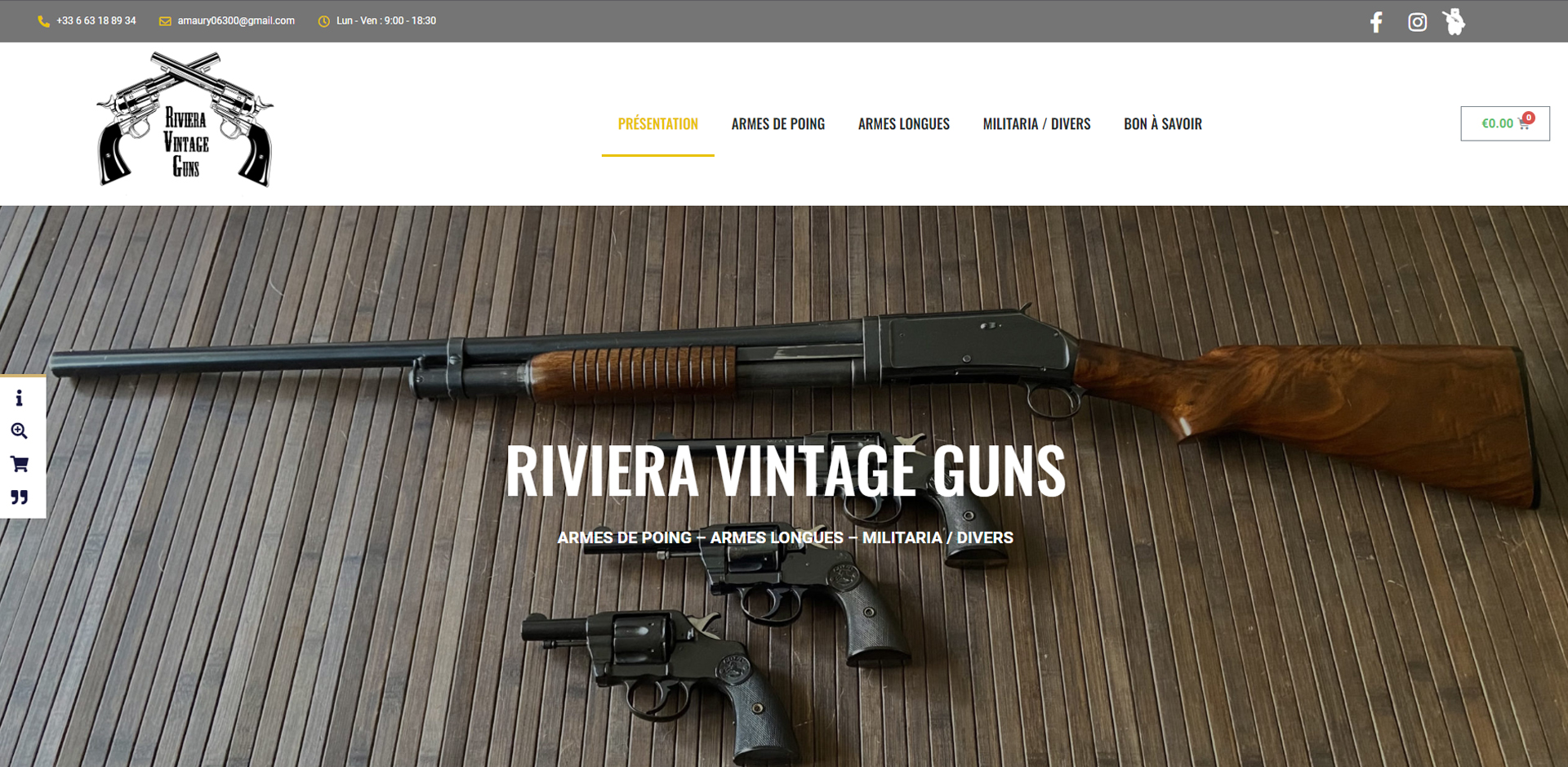 Capture d'écran du site ecommerce Riviera Vintage Guns, spécialisé dans les armes à feu vintage