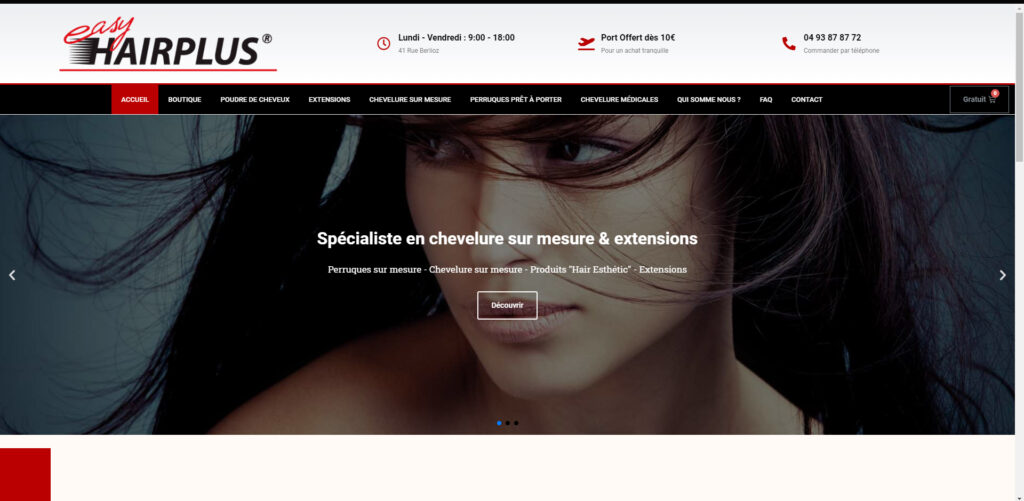 Capture d'écran du site ecommerce Easyhairplus, spécialiste des perruques à Nice