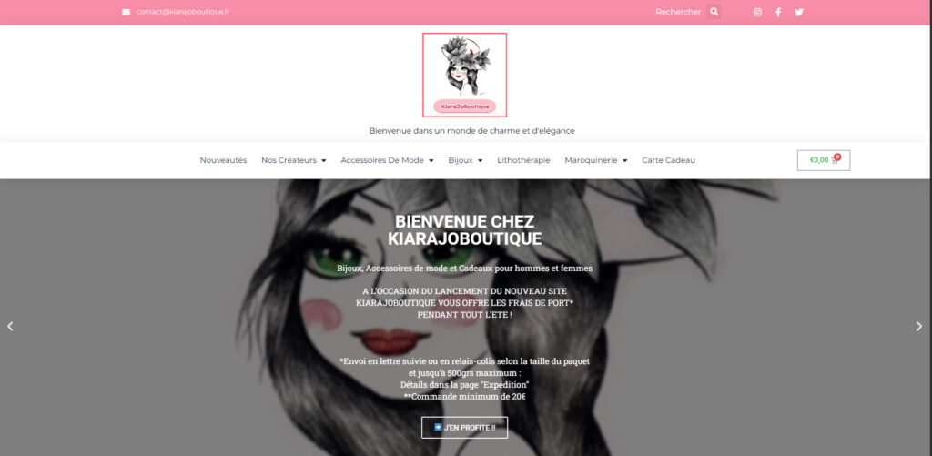 Capture d'écran du site e-commerce Kiarajo Beauté, proposant des bijoux faits main