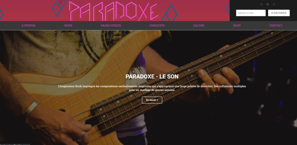 Capture d'écran du site vitrine du musicien Paradoxe