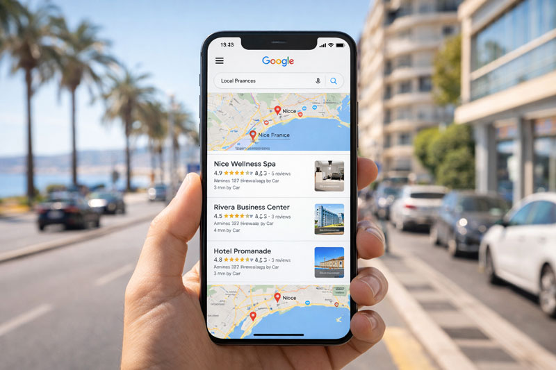 Résultats Google Maps affichant des entreprises locales à Nice