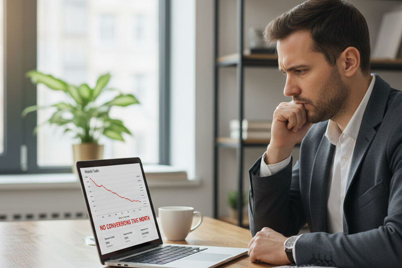 Entrepreneur analysant un site vitrine qui ne génère pas de prospects