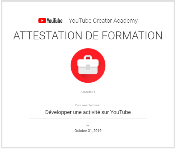 Attestation de formation pour développer une chaîne YouTube